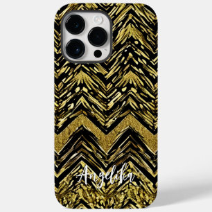 Coque Pour Pour iPhone 14 Pro Max Nom personnalisé Abstrait Chevron Gold et Black