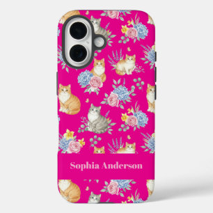 Coques iPhone 16 Nom personnalisé Aquarelle Chats et Fleurs