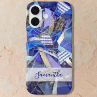 Nom personnalisé bleu blanc lilas rayure abstraite
