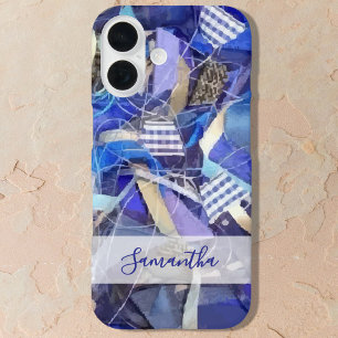 Coques iPhone 16 Nom personnalisé bleu blanc lilas rayure abstraite