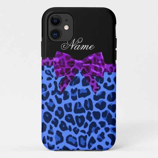 Coques Case-Mate iPhone Nom personnalisé bleu empreinte de léopard violet (Dos)