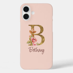 Coques iPhone 16 Plus Nom personnalisé Blush Rose Lettre B en or