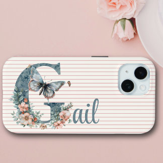 Coque Pour iPhone 15 Nom personnalisé | Botanique initiale | Bleu papil