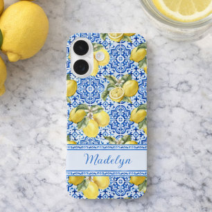 Coques iPhone 16 Nom personnalisé Carreau bleu méditerranéen Lemon