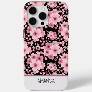 Coque iPhone 15 Pro Max Nom personnalisé Cherry Blossom motif floral rose