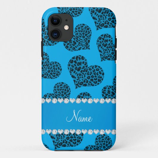 Coques Case-Mate iPhone Nom personnalisé ciel bleu léopard coeurs (Dos)