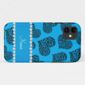 Coques Case-Mate iPhone Nom personnalisé ciel bleu léopard coeurs (Dos (Horizontal))