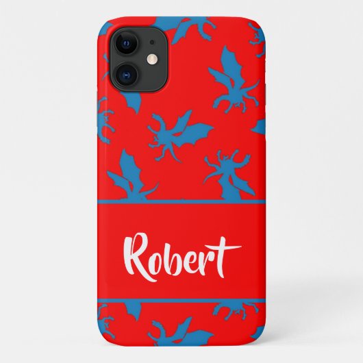 Coques Case-Mate iPhone Nom personnalisé dragons bleus sur rouge (Dos)