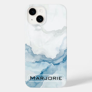 Coque Pour iPhone 14 Nom personnalisé élégant blanc et bleu marbre