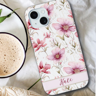 Coque Pour iPhone 15 Nom Personnalisé Élégant | Fleurs sauvages roses