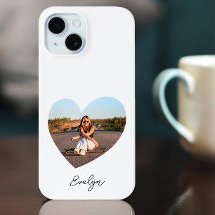 Coque Pour iPhone 15 Nom personnalisé élégant Photo Love Coeur Blanc