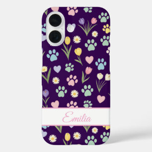 Coques iPhone 16 Nom personnalisé Empreinte de patte & Coeurs Télép