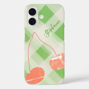 Coques iPhone 16 Nom personnalisé En vichy Crème verte Cerise