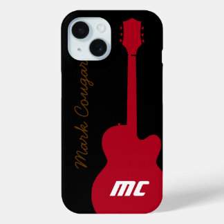 Coque Pour iPhone 15 nom personnalisé et initiales guitare rock rouge