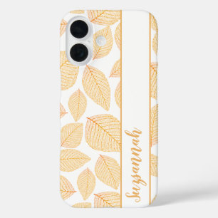 Coques iPhone 16 Nom personnalisé Feuilles de squelette en or sur f