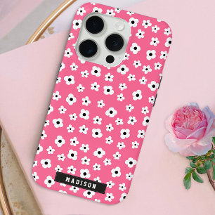 Coque iPhone 15 Pro Nom personnalisé Fille rose Motif Fleur blanche