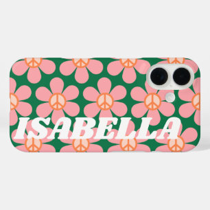 Coques iPhone 16 Nom Personnalisé Fleur de Paix Hippie Rétro Verte