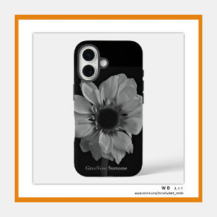 Coques iPhone 16 Nom personnalisé Fleur noir et blanc élégant