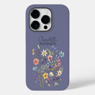 Coque Pour iPhone 14 Pro Nom personnalisé Fleur sauvage botanique Gris Viol