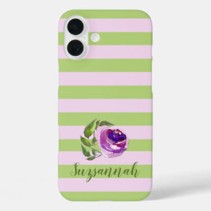 Coques iPhone 16 Plus Nom personnalisé Floral Aquarelle Rose Pastel Stri