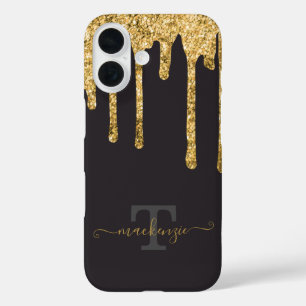 Coques iPhone 16 Nom personnalisé Gold Fake Parties scintillant Dri