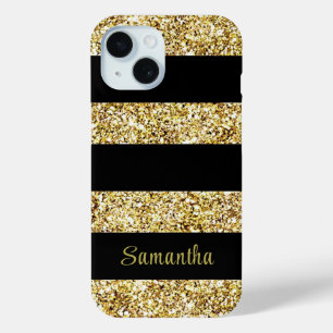 Coque Pour iPhone 15 Nom personnalisé Gold Parties scintillant Bandes n