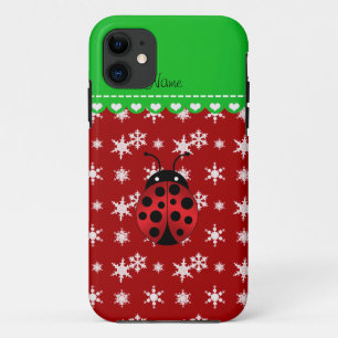 Coque iPhone 11 Nom personnalisé ladybug rouge flocons de neige ve