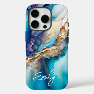 Coques iPhone 16 Pro Nom Personnalisé Marbre Bleu Or Élégant Moderne
