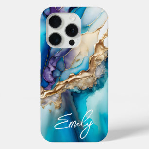 Coque iPhone 15 Pro Nom Personnalisé Marbre Bleu Or Élégant Moderne