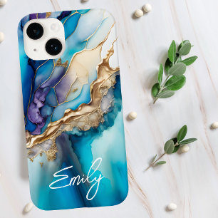 Coque Pour iPhone 14 Nom Personnalisé Marbre Bleu Or Élégant Moderne