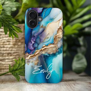 Coques iPhone 16 Plus Nom Personnalisé Marbre Bleu Or Élégant Moderne