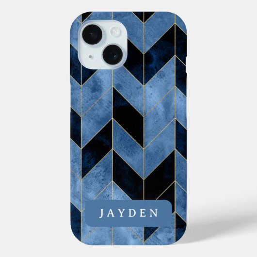 Coques Case-Mate iPhone Nom personnalisé Marine Blue and Gold Herringbone (Verso)