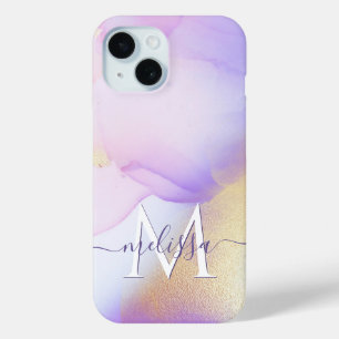 Coque Pour iPhone 15 Nom personnalisé Monogram Purple Aquarelle Luxe