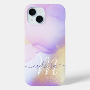 Coque Pour iPhone 15 Nom personnalisé Monogram Purple Aquarelle Luxe
