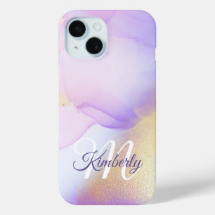 Coque Pour iPhone 15 Nom personnalisé Monogram Purple Aquarelle Luxe