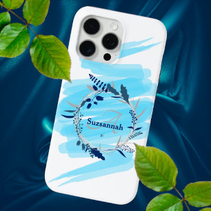 Coque iPhone 15 Pro Max Nom personnalisé Monogram Watercolor Blue Wreath