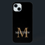 Coque iPhone 15 Mini Nom personnalisé Monogramme noir<br><div class="desc">Créez votre propre boîtier de téléphone rond noir personnalisé avec votre nom personnalisé et votre monogramme.</div>