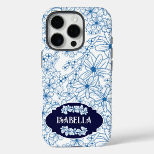 Coques iPhone 16 Pro Nom personnalisé motif floral bleu féminin