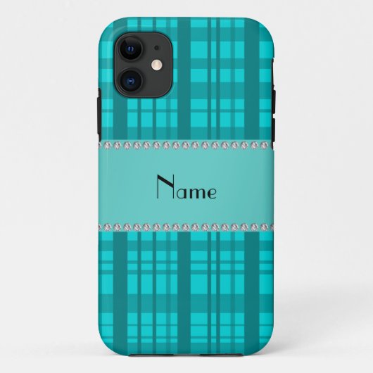 Coques Case-Mate iPhone Nom personnalisé motif plaid turquoise (Dos)