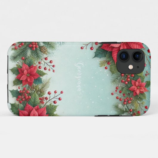 Coques Case-Mate iPhone Nom personnalisé Noël Floral Aquarelle Poinsettia (Dos (Horizontal))