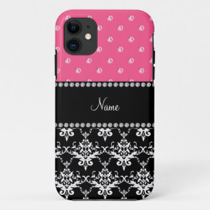 Etui iPhone Case-Mate Nom personnalisé noir damassé diamants roses