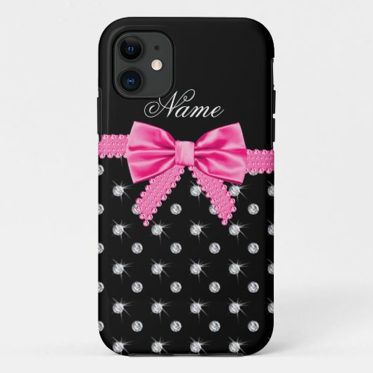 Coques Case-Mate iPhone Nom personnalisé noir diamants rose arc (Dos)