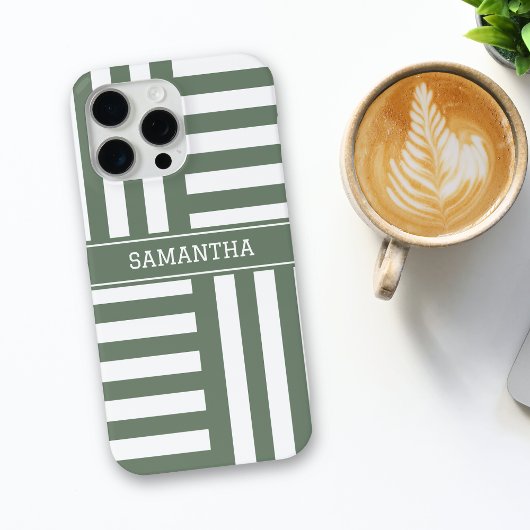 Coques Case-Mate iPhone Nom personnalisé Olive Green White Stripes Chic