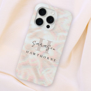 Coque iPhone 15 Pro Nom personnalisé Opal Stone Design Rose or Monogra