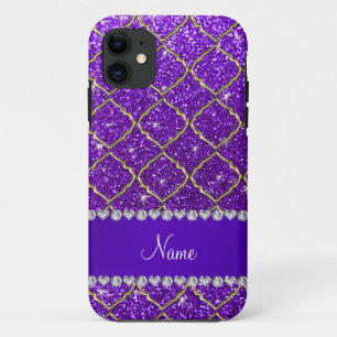 Coque iPhone 11 Nom personnalisé or indigo violet parties scintill