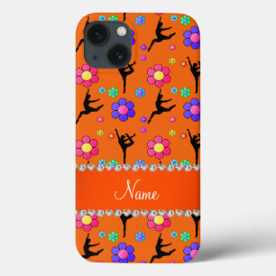 iPhone 13 Case Nom personnalisé orange gymnastique fleurs