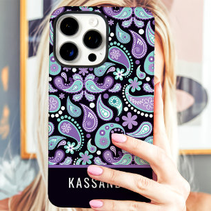 Coques iPhone 16 Pro Max Nom personnalisé paisley violet sarcelle