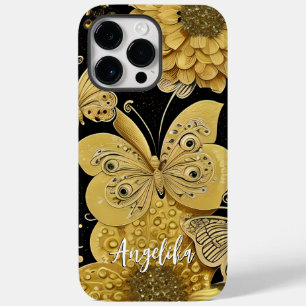 Coque Pour Pour iPhone 14 Pro Max Nom personnalisé papillon noir et or