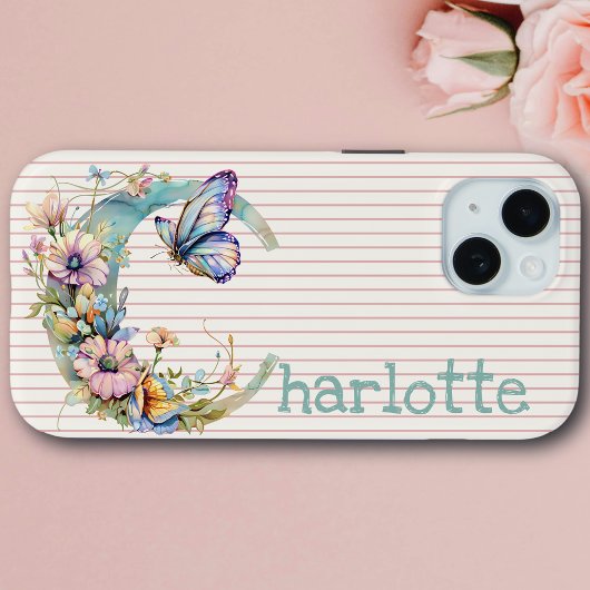 Coques Case-Mate iPhone Nom personnalisé | Pastel initial du papillon flor