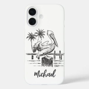 Coques iPhone 16 Nom Personnalisé Pélican Sur Un Post Palm Tree